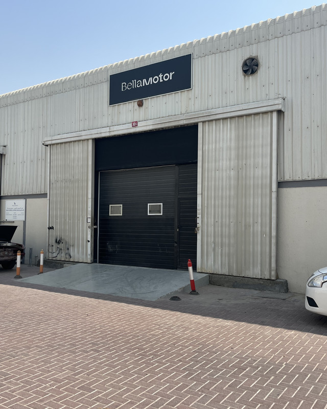 Bella Motor workshop entrance with sign, Warehouse 4, Dubai Investments Park 1