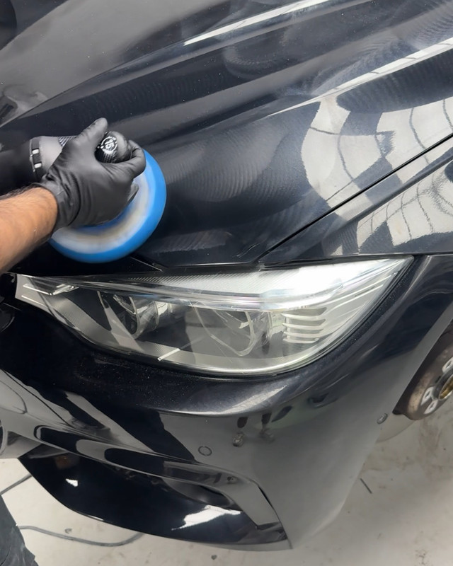 Polishing the front bumper and headlight
