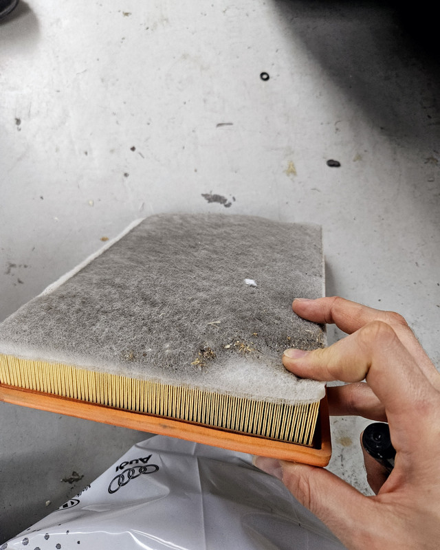 Dirty engine air filter removed during a service
