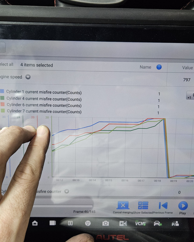 Diagnostic tablet showing live misfire data
